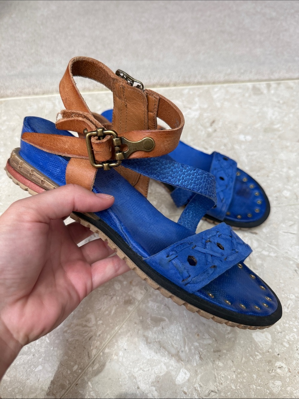 A.S.98 Blue Gladiator‎ Strappy Ankle Buckle Zippered Wedge Sandals Studs Sz 40